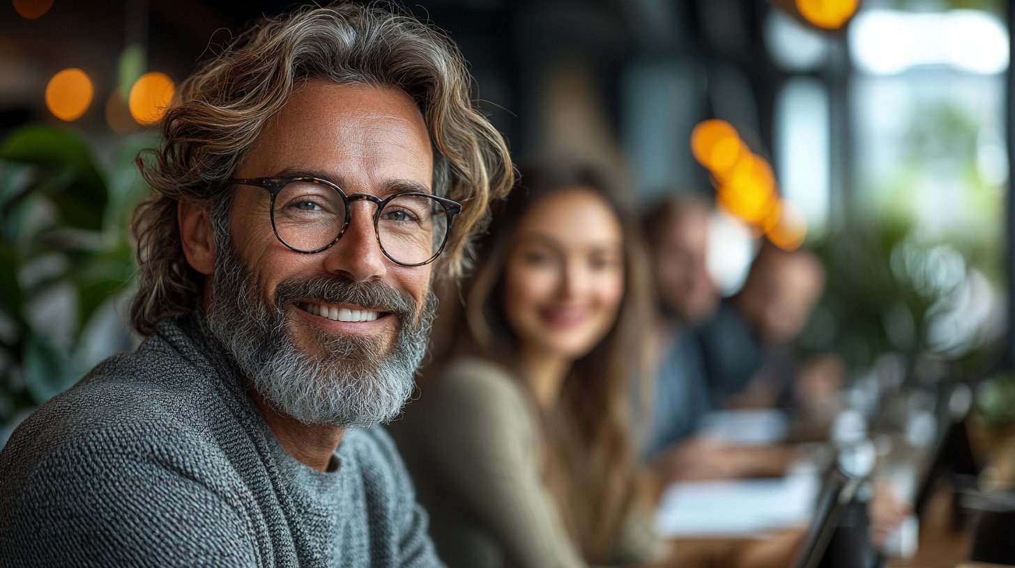 Eine Gruppe von Menschen diskutiert offen und lächelnd.