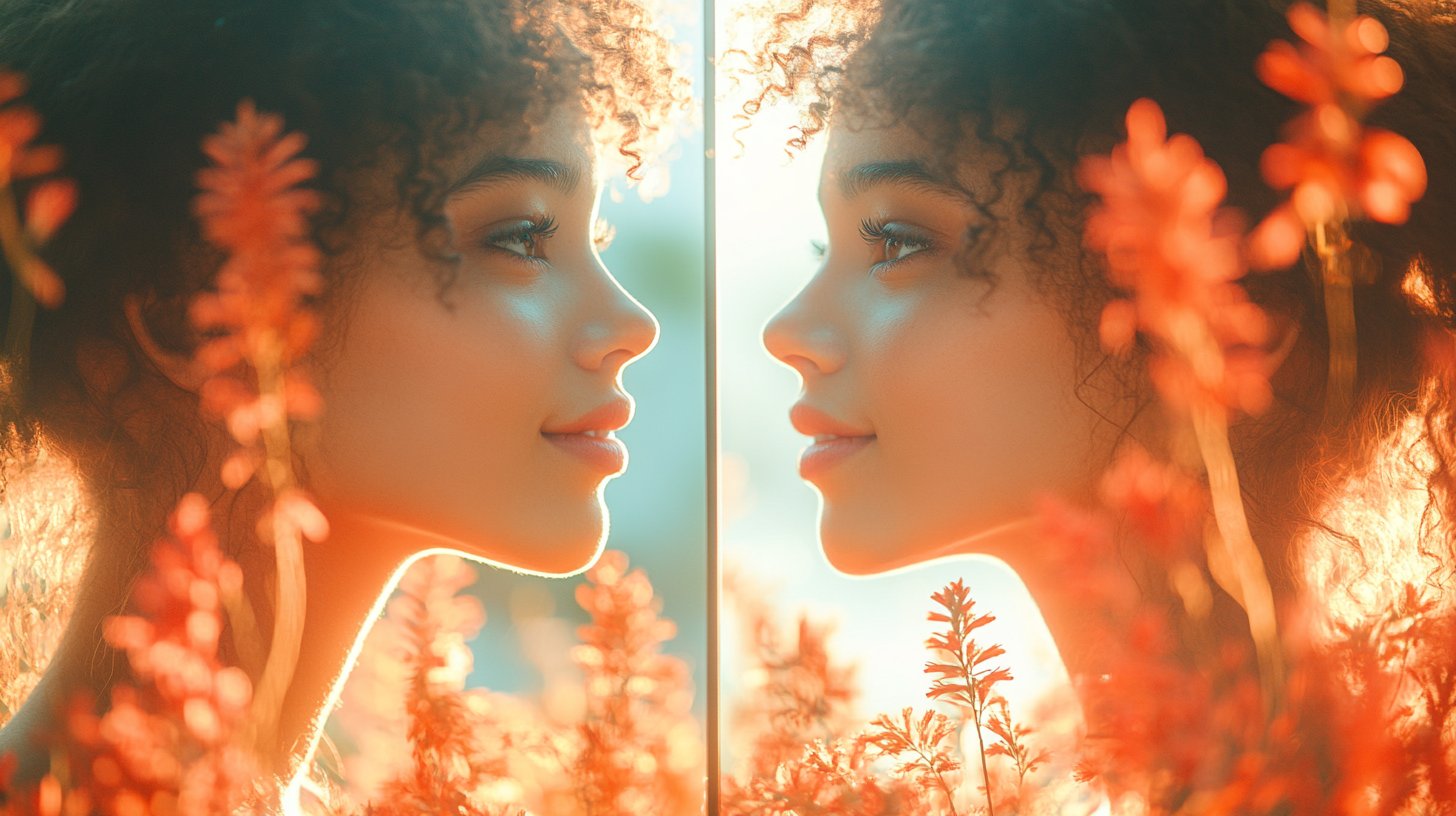 Eine Person, die sich im Spiegel anlächelt, umgeben von positiven Botschaften.