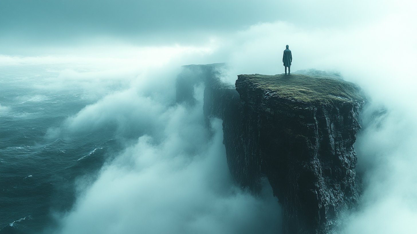 Una figura solitaria su un cliff, pensierosa.