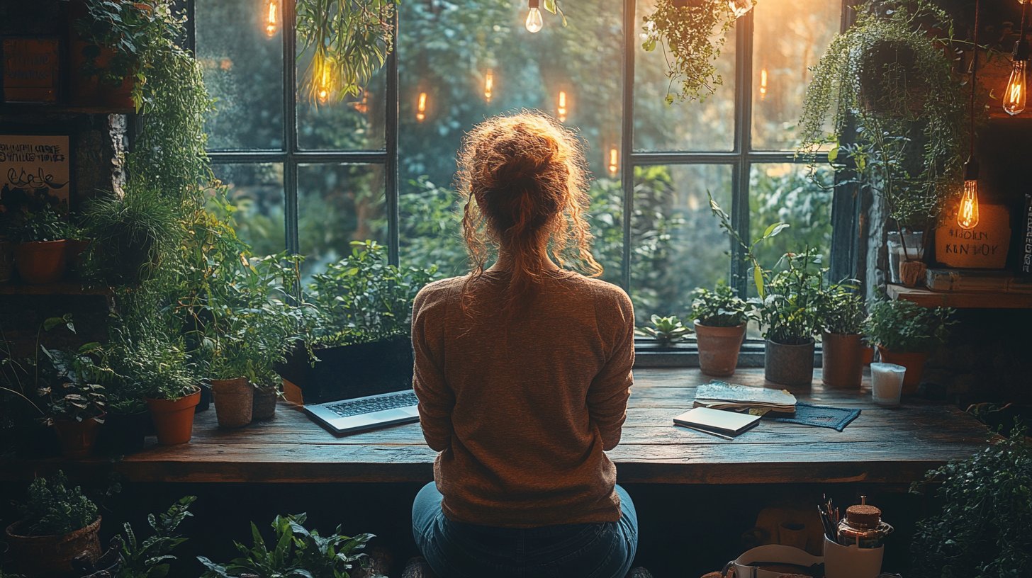 Ein ruhiger Arbeitsplatz mit einer meditierenden Person und positiven Affirmationen umgeben von Natur.