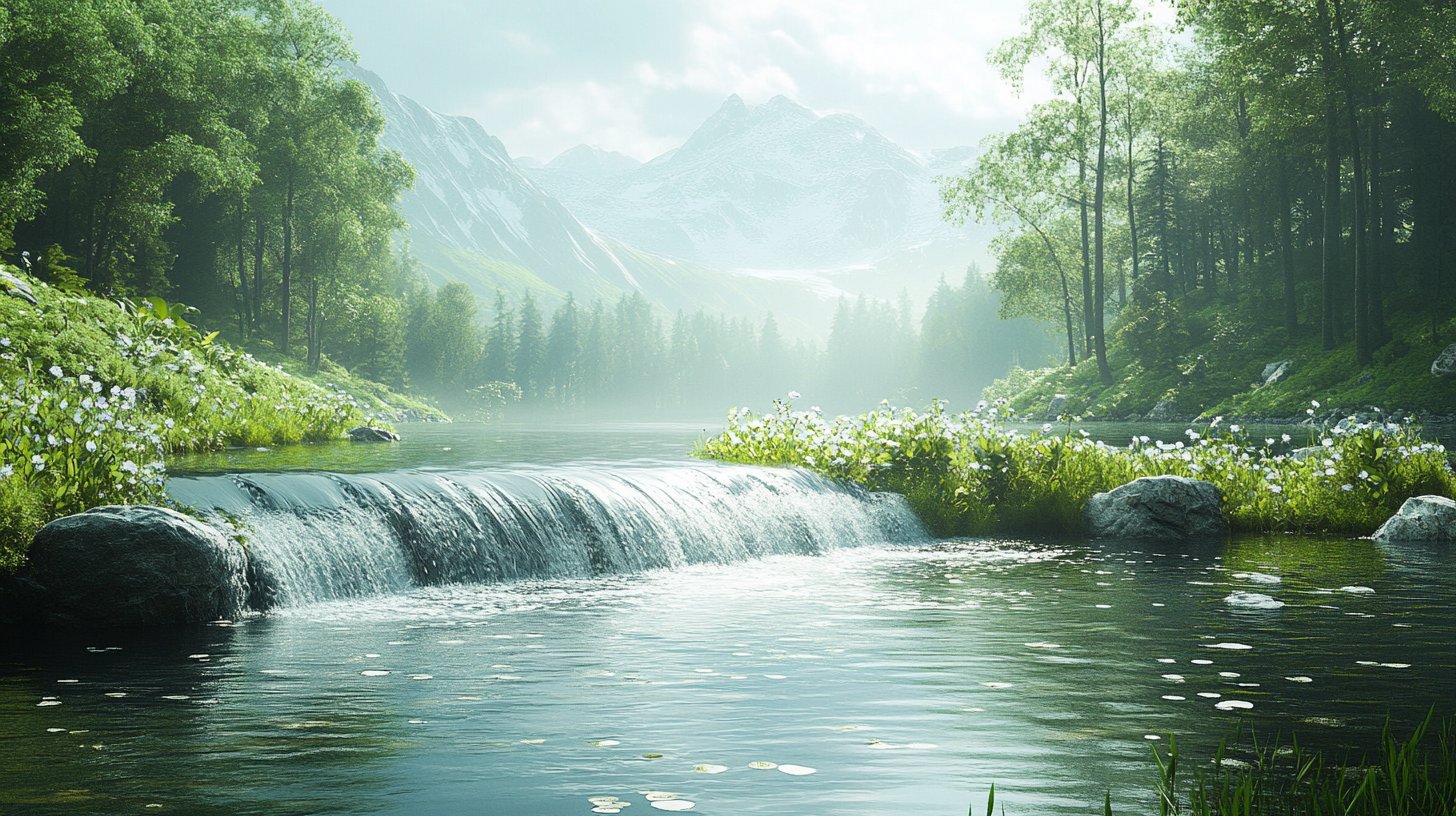 Ein fließender Fluss mit unterschiedlichen Landschaften, der Anpassungsfähigkeit und Wachstum symbolisiert.