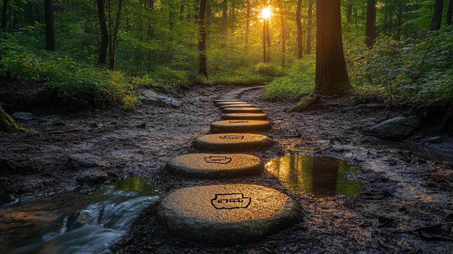 Ein Weg durch einen schönen Wald mit Steinen, die kleine Ziele zeigen und von sanftem Sonnenlicht beleuchtet werden.