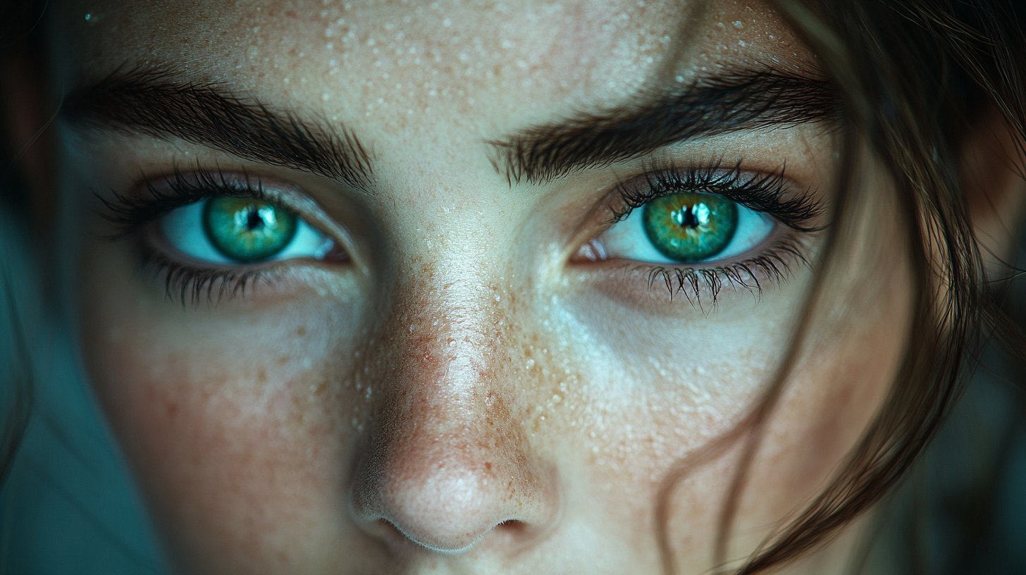 Close-up of a green-eyed person glancing sideways in jealousy.