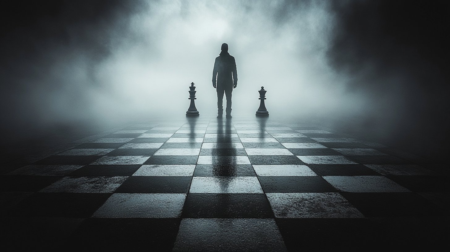 A dramatic chess scene symbolizes emotional strategies.