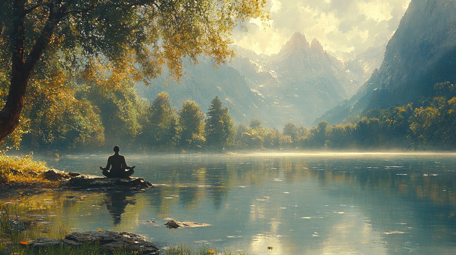 A serene landscape with a person meditating by a lake.