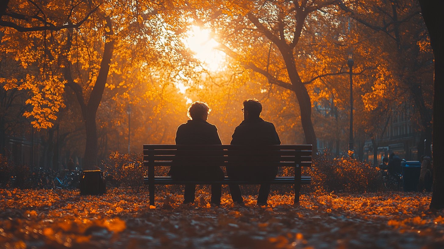 Zwei Freunde führen ein tiefes Gespräch auf einer Parkbank.
