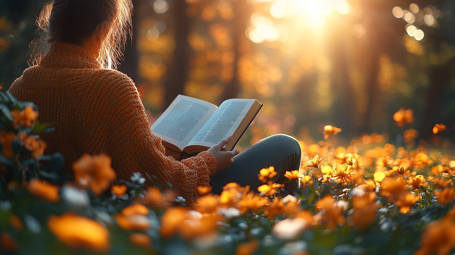Eine Person liest in einem ruhigen Garten und genießt die Natur.