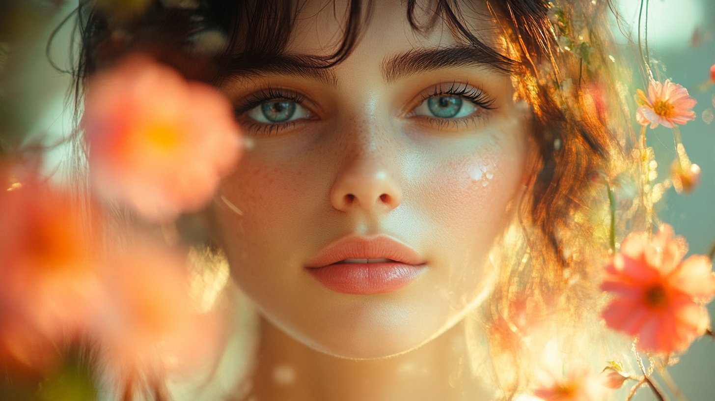 Eine Figur lächelt sanft in einen Spiegel, umgeben von Blumen.