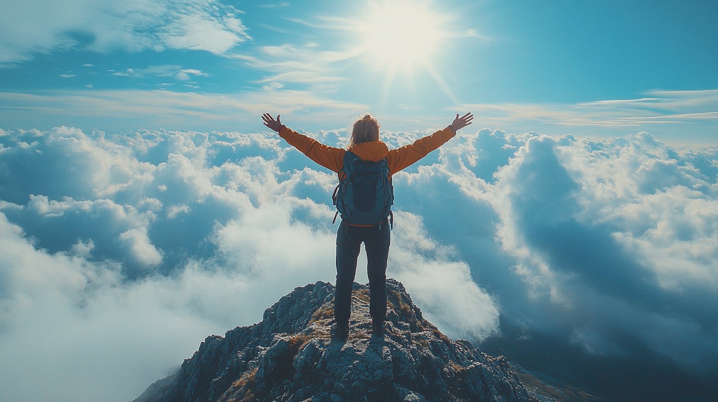 Eine Person steht mit erhobenen Armen auf einem Gipfel und strahlt Positivität aus.