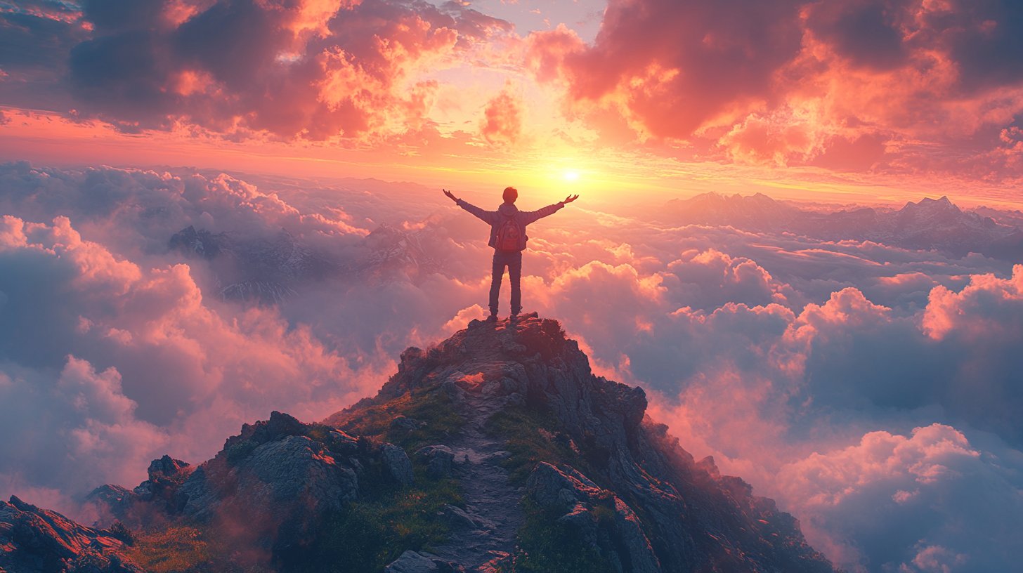 Eine selbstbewusste Figur auf einem Berggipfel, die den Sieg über persönliche Herausforderungen feiert.
