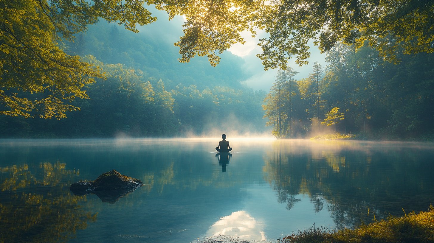 Eine friedliche Meditationsszene am ruhigen See, die emotionale Balance repräsentiert.