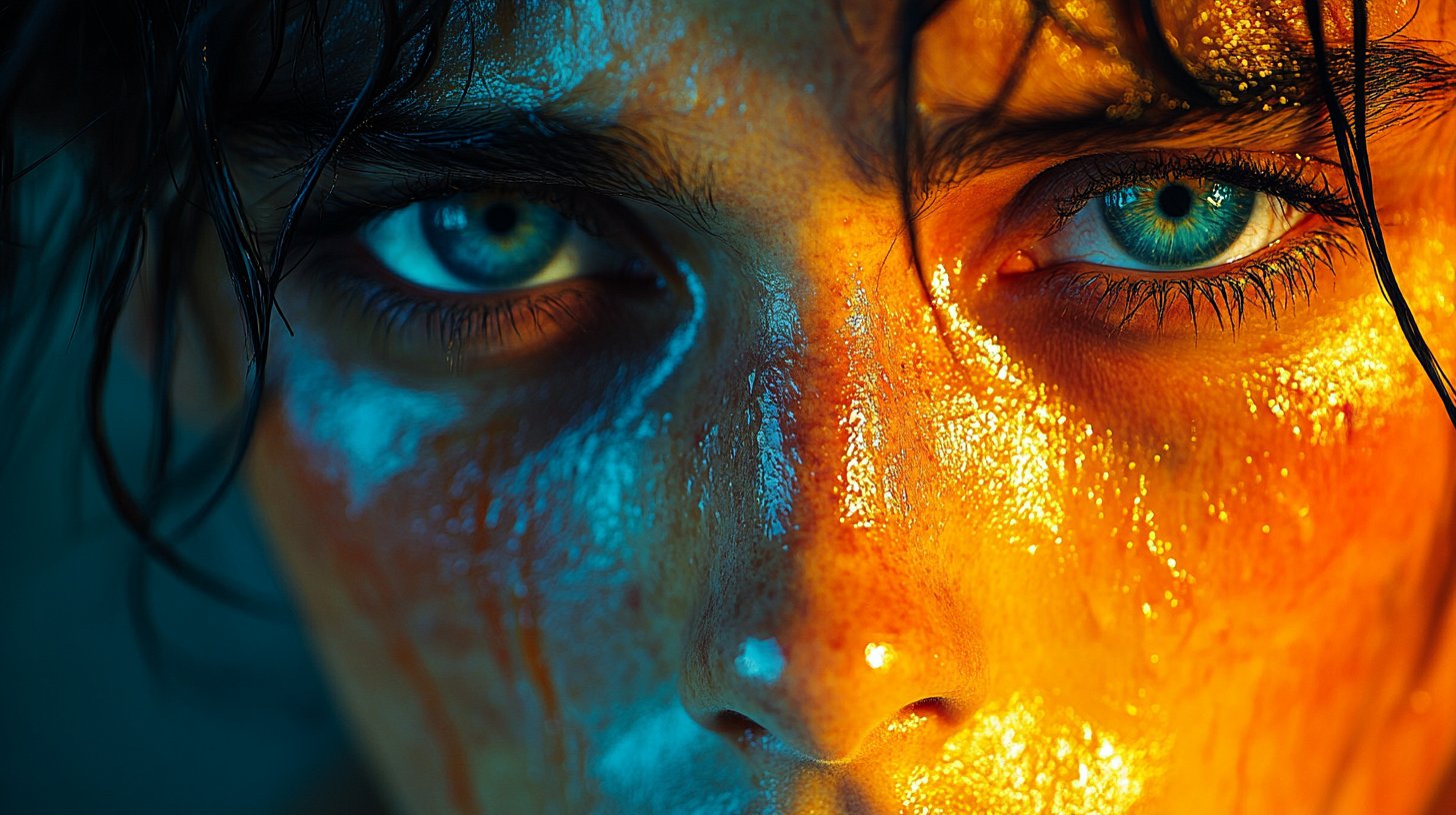 Nahaufnahme eines Gesichts voller Emotionen, Farbechtheit der inneren Gefühle.