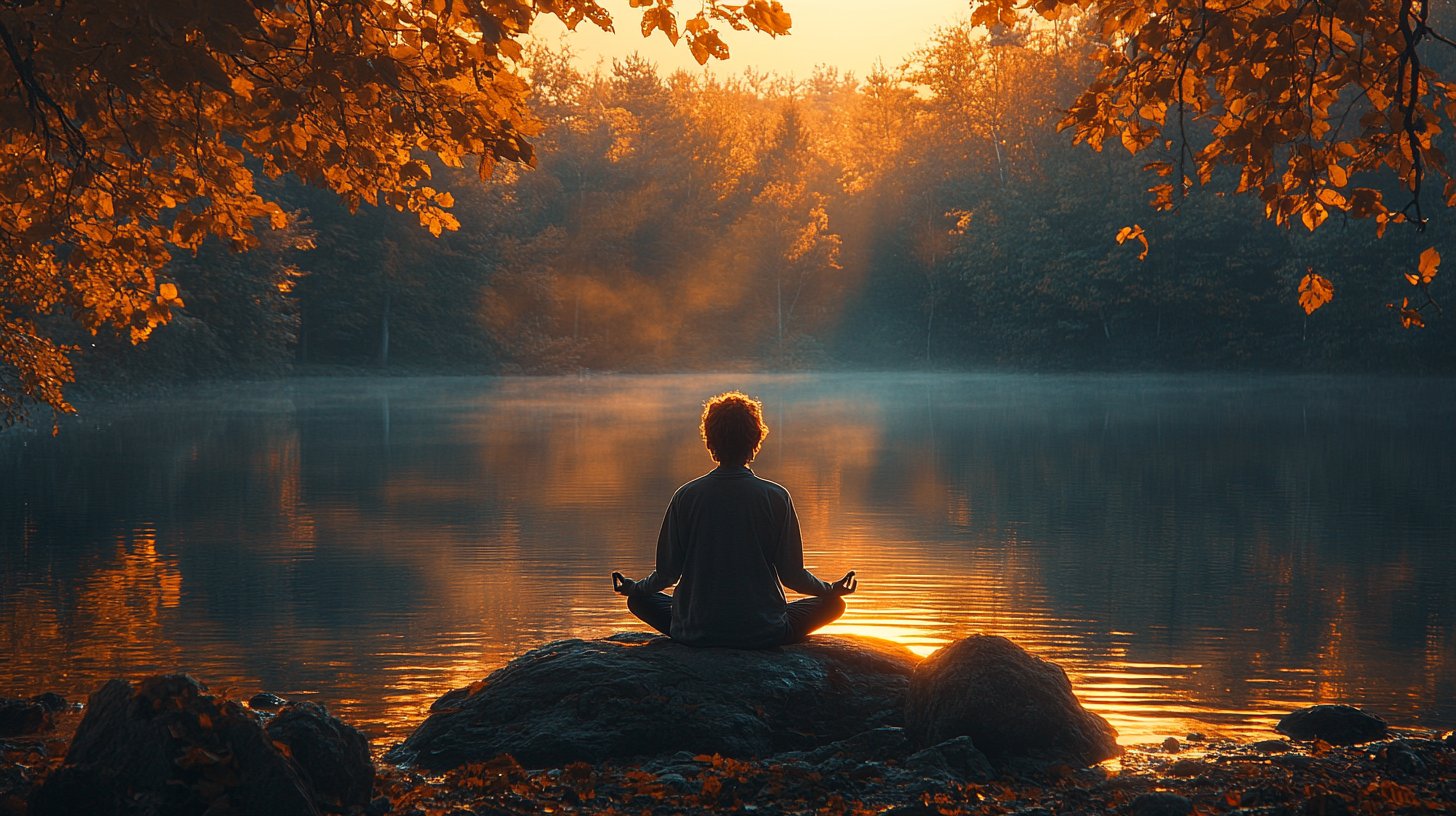 Eine Person meditiert am ruhigen See, umgeben von der Natur, in Frieden.