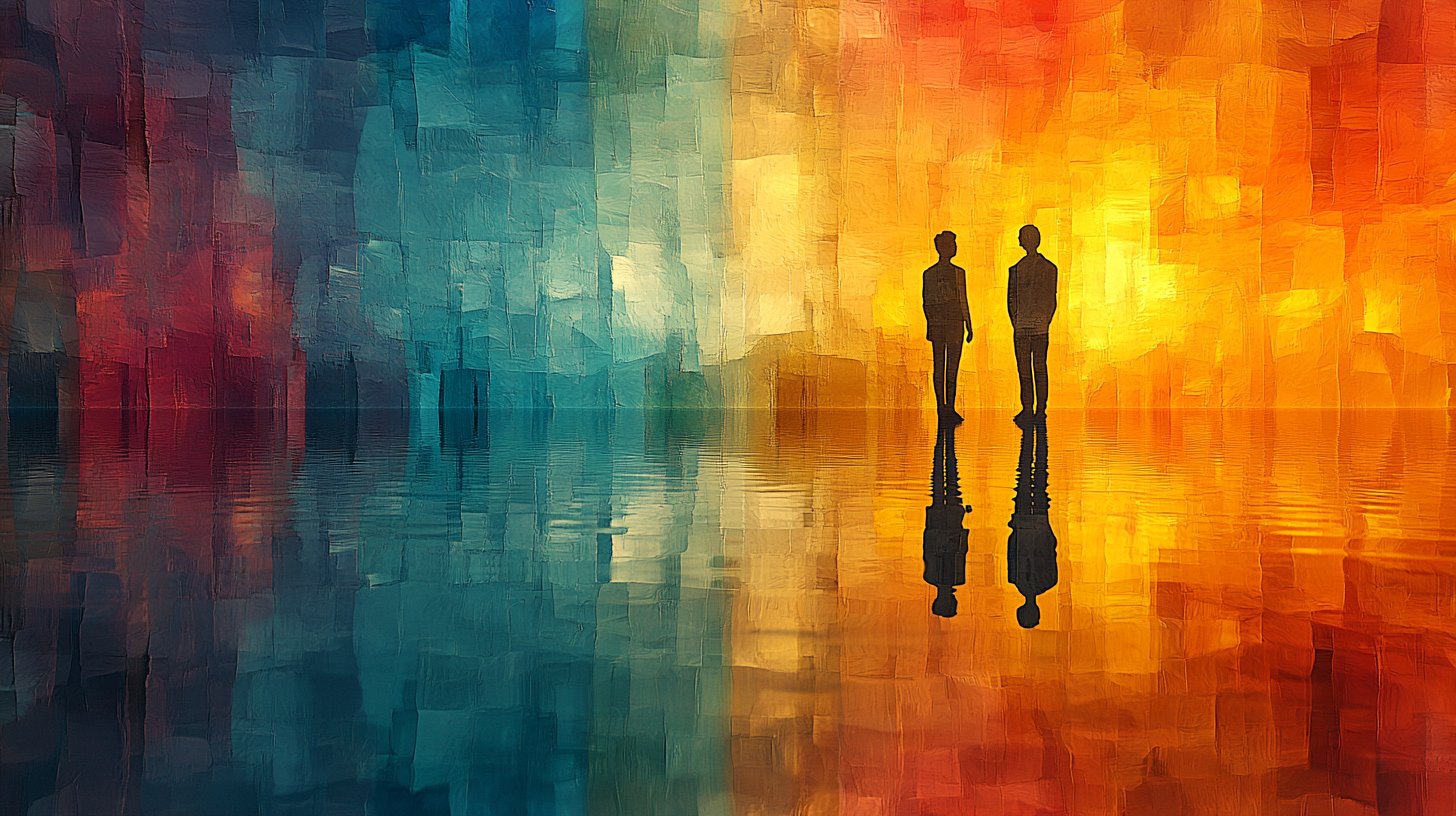 Zwei Menschen im offenen Dialog in einem friedlichen Raum.