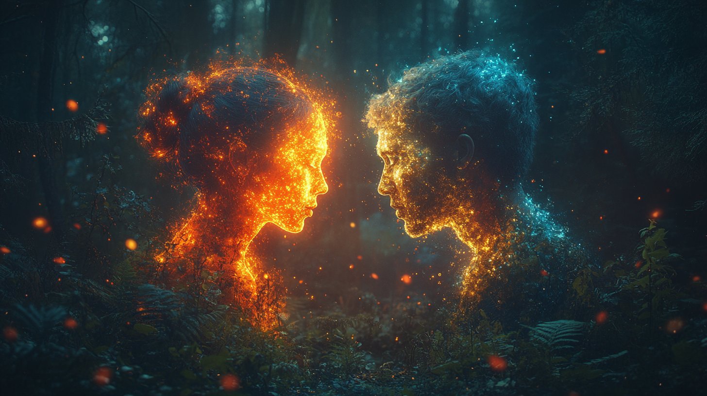 Zwei Individuen überbrücken eine Kluft durch eine leuchtende Verbindung.