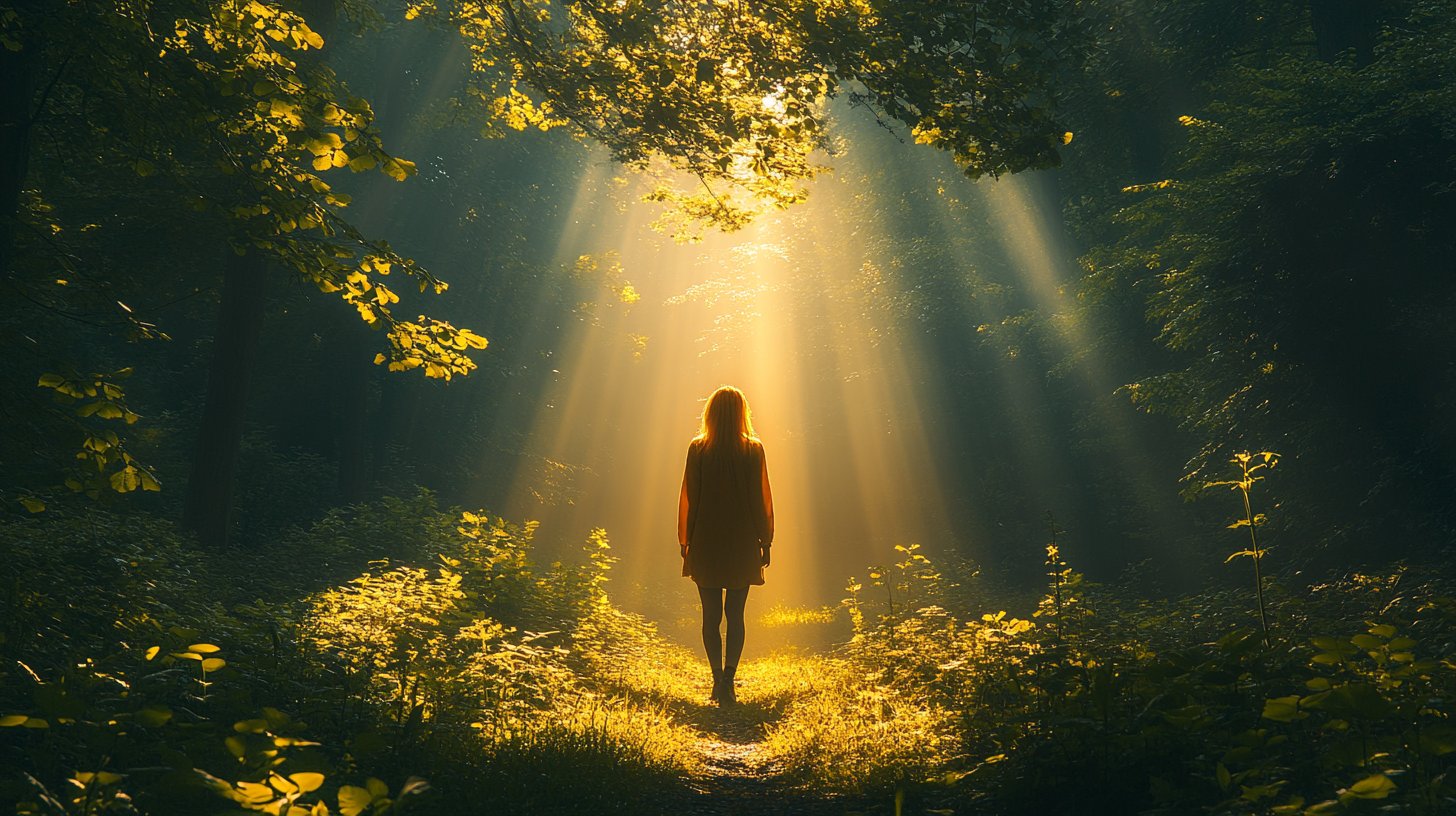 Eine Person erkundet einen ruhigen Wald, symbolisiert Selbstentdeckung und persönliches Wachstum.