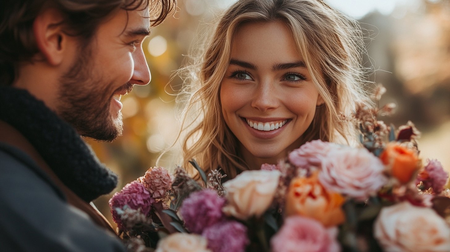 Un momento sorpresa en el parque con flores y alegría.