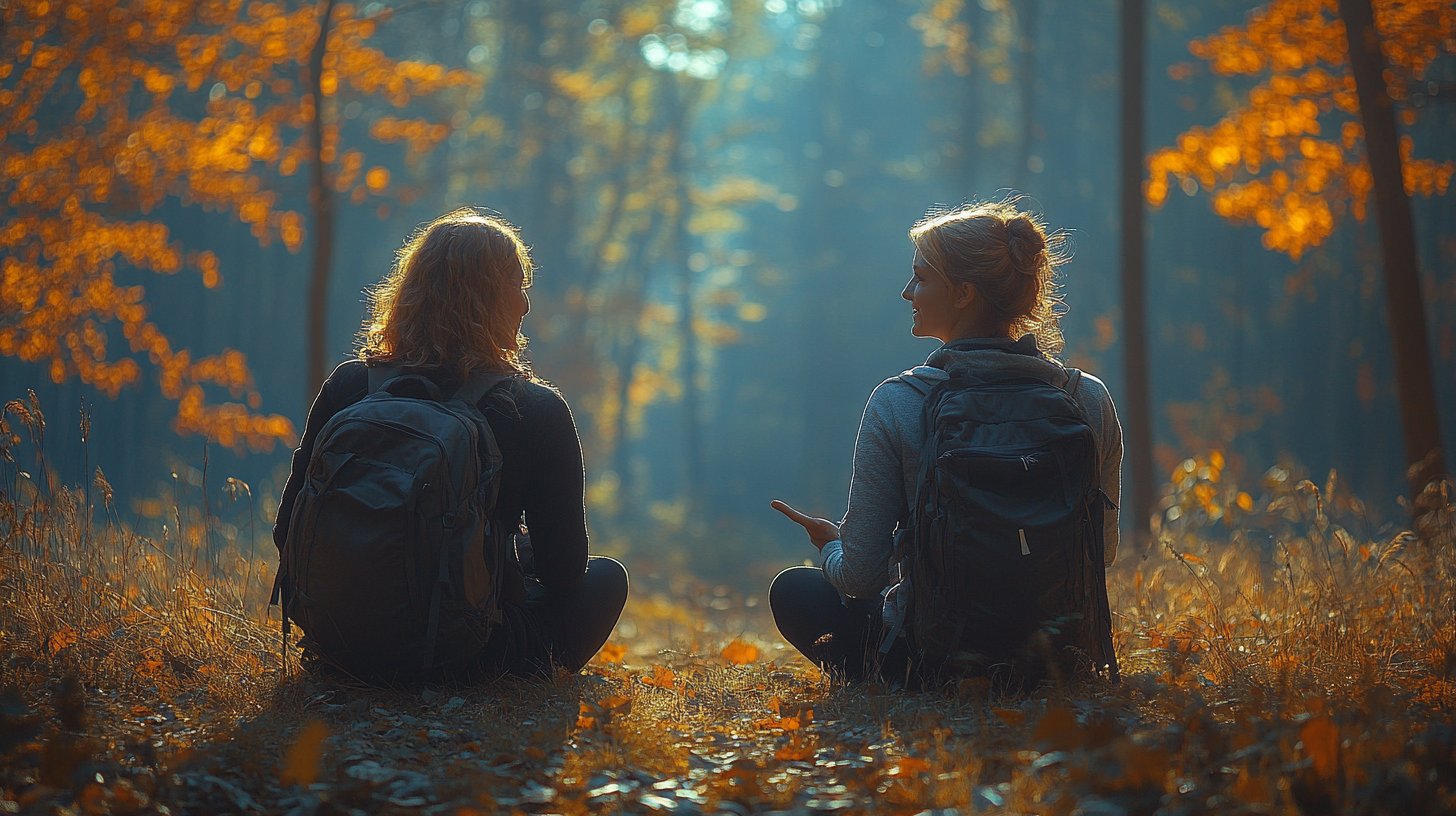 Zwei Frauen im Gespräch auf einem Wanderweg, die offene Kommunikation betonen.