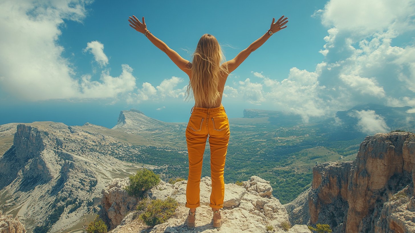 Eine selbstbewusste Frau steht stolz auf einem Berggipfel und feiert ihren Erfolg.