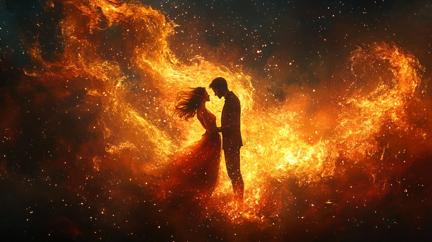 Una pareja apasionada discutiendo en una escena ardiente.