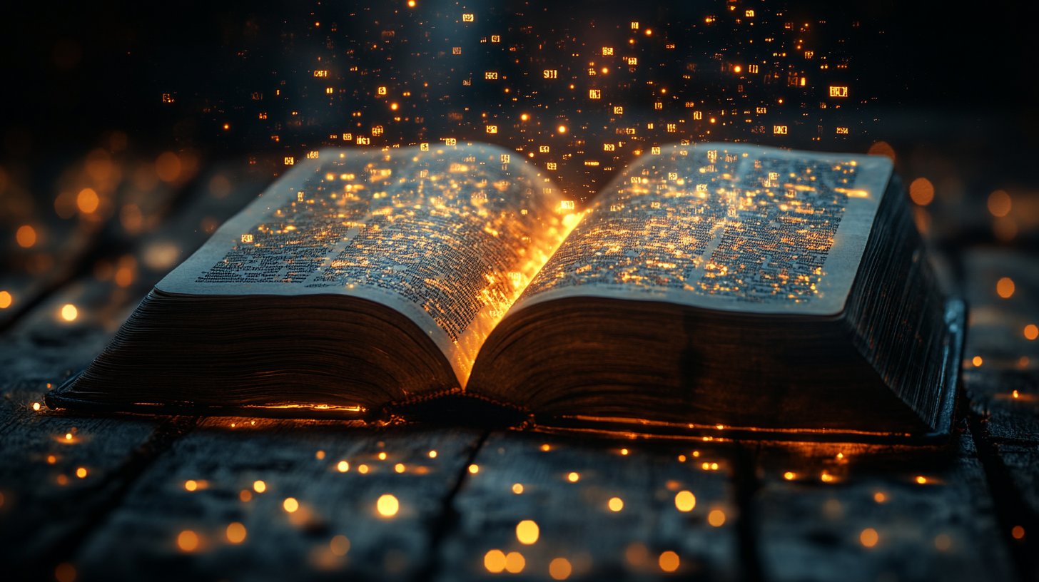 Un libro aperto con parole luminose che ispirano.