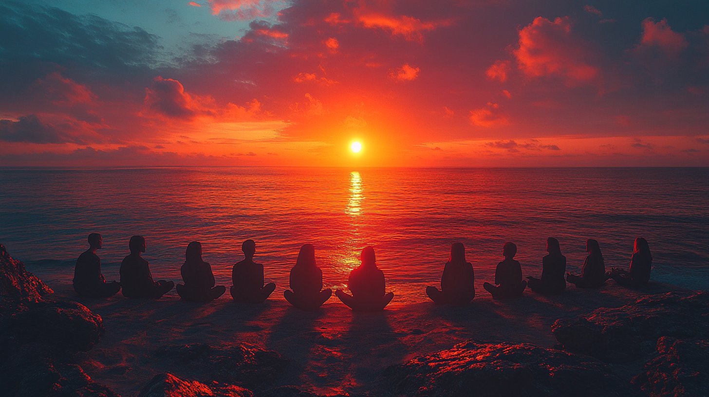 Un nuovo inizio, raffigurato da un'alba su un oceano calmo con dialogo aperto tra silhouette.