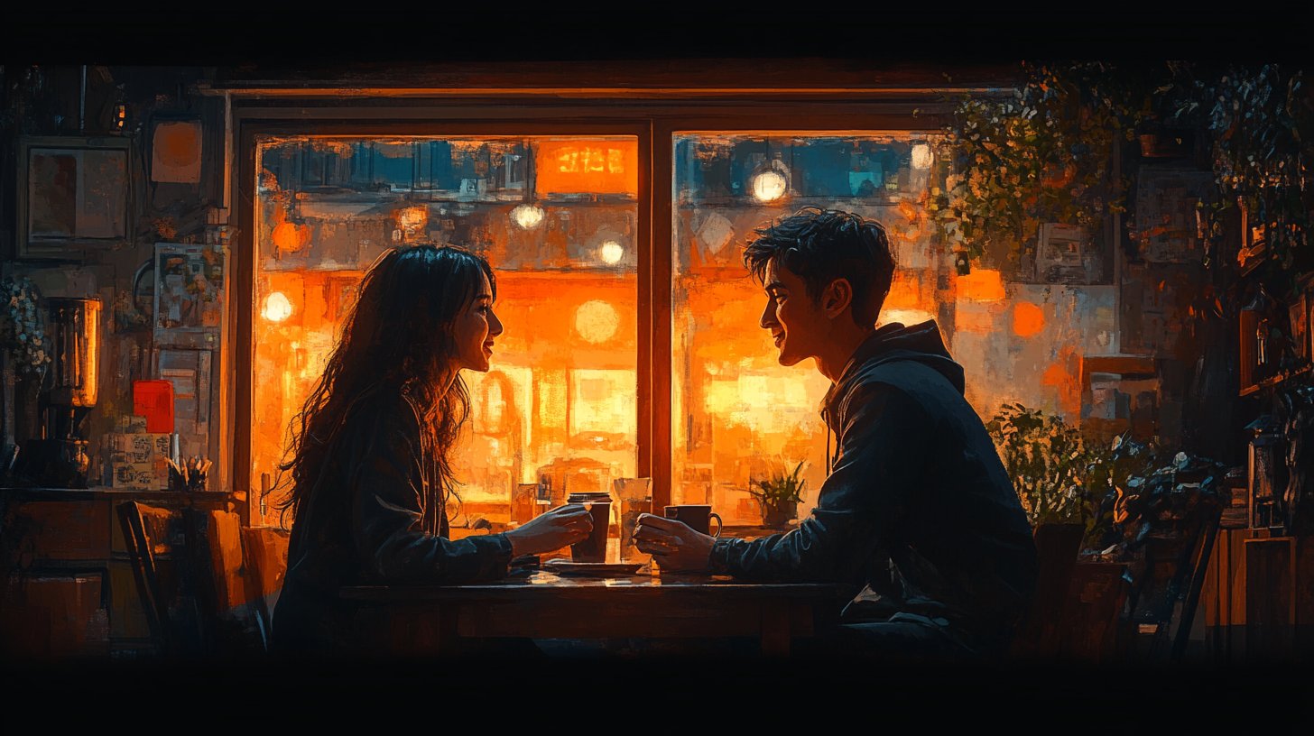 Ein Paar in einem gemütlichen Wohnzimmer, das bei Kaffee offen spricht.