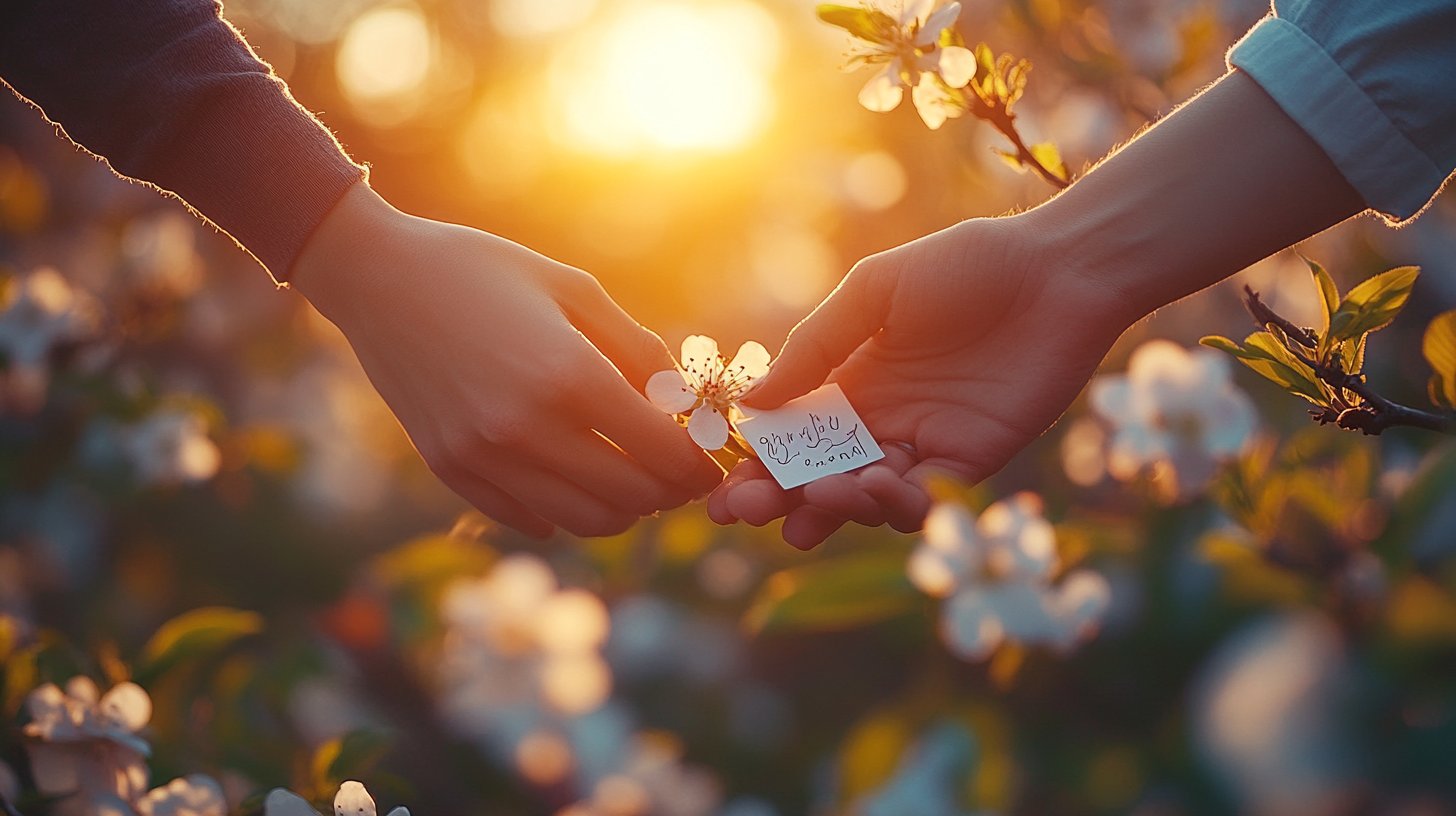 Nahaufnahme von Händen eines Paares, umgeben von Liebestoken.