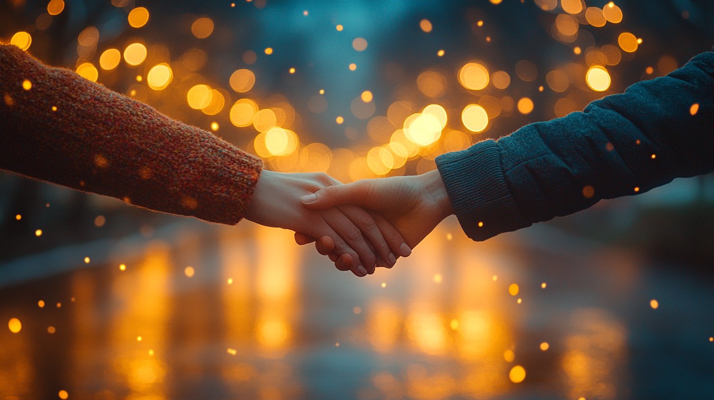 Sanfte Berührung zweier Hände in romantischer Kulisse.