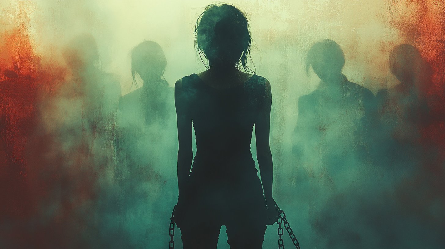 Eine Frau an einer Weggabelung, belastet von gesellschaftlichen Erwartungen.