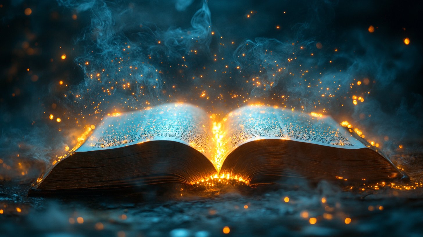 Ein offenes Buch mit leuchtenden Worten über ihm, das die Macht der Sprache darstellt.