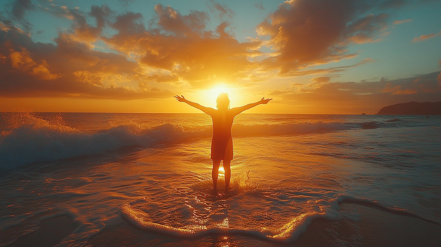 Eine Person am Strand bei Sonnenaufgang, die Selbstliebe umarmt.