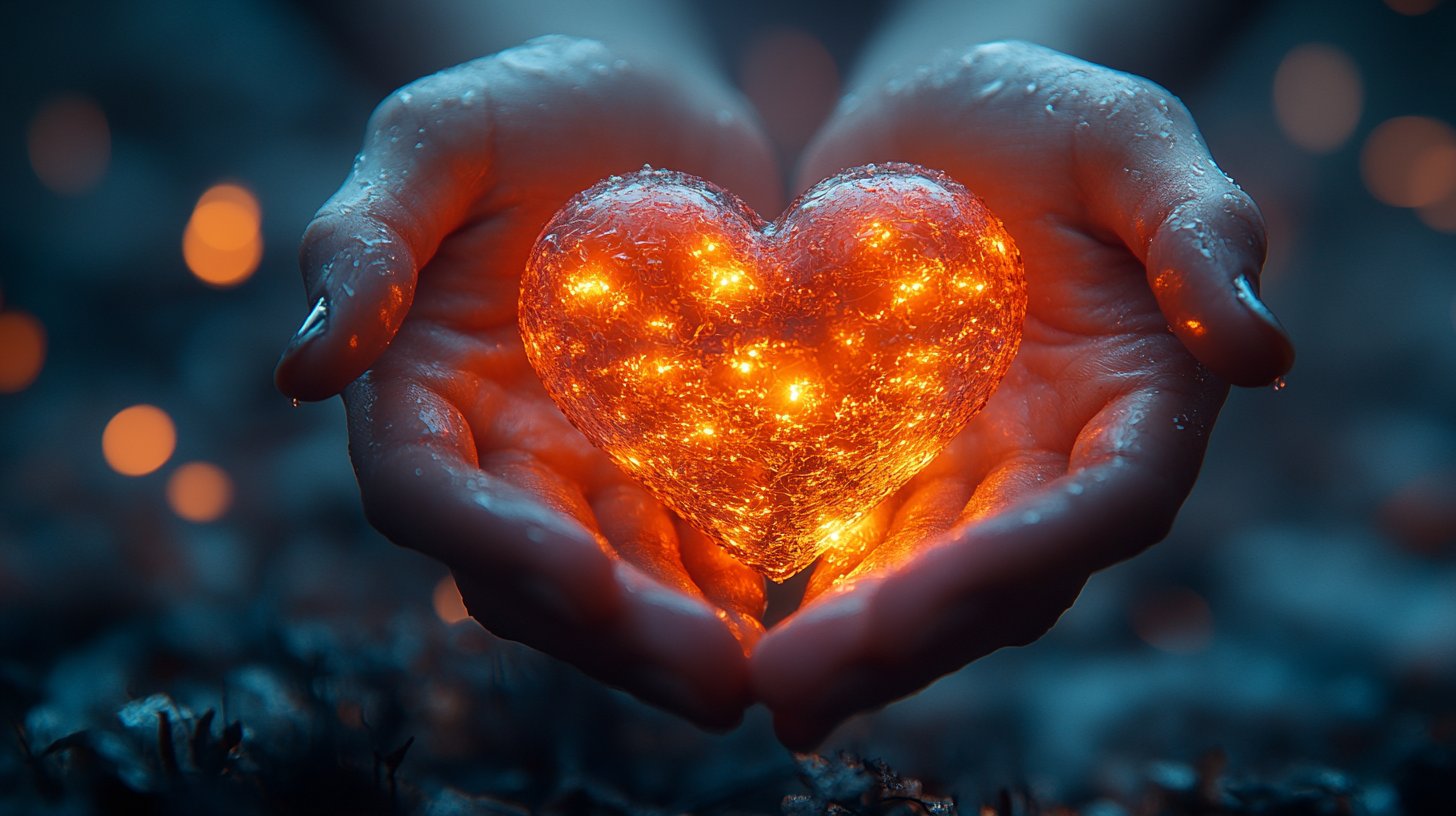 Deux mains tenant un cœur lumineux, symbolisant la proximité émotionnelle.