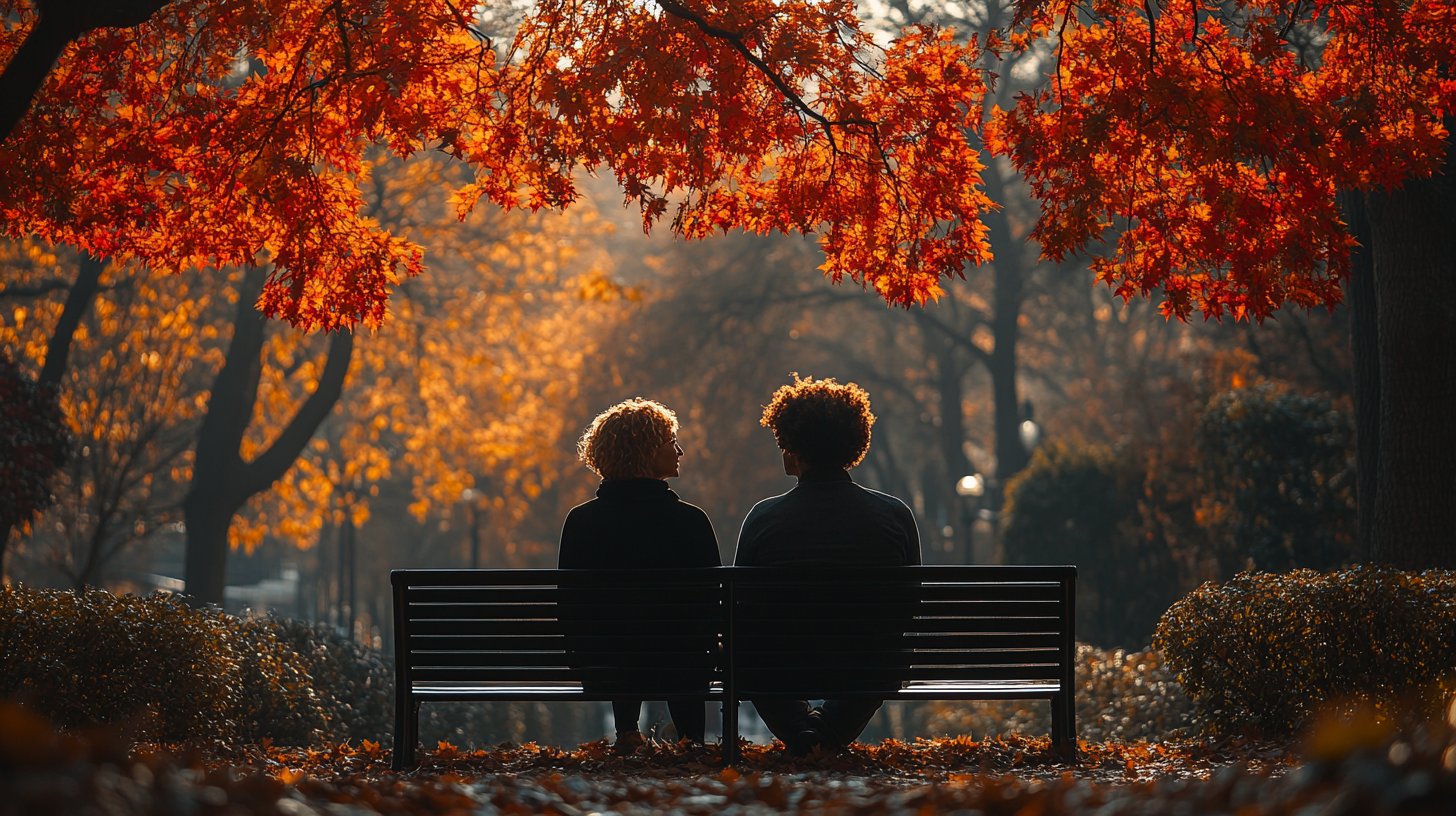Un couple assis sur un banc, engagé dans une conversation profonde.