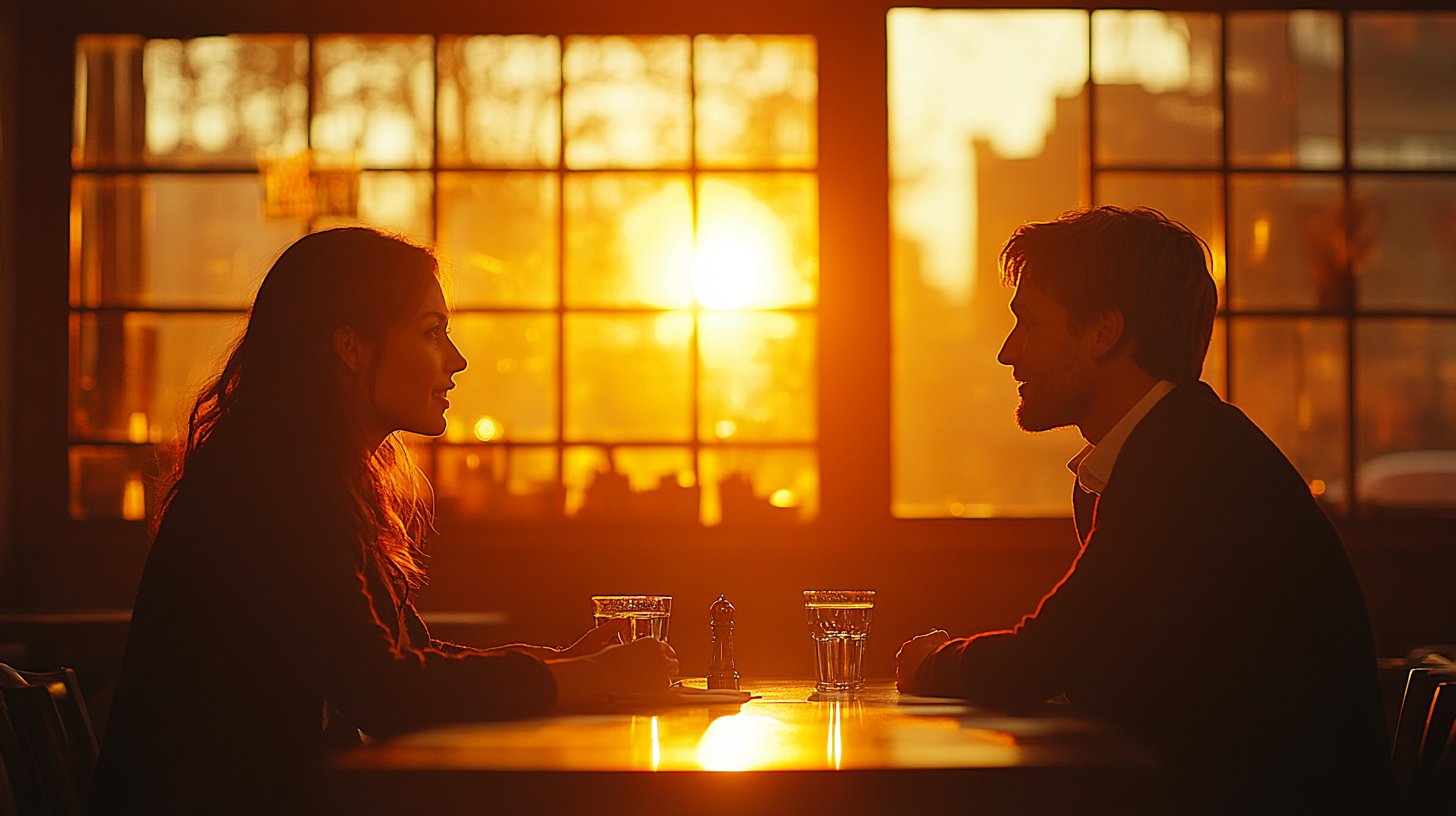 Deux personnes en conversation profonde, éclairées par une lumière chaleureuse.