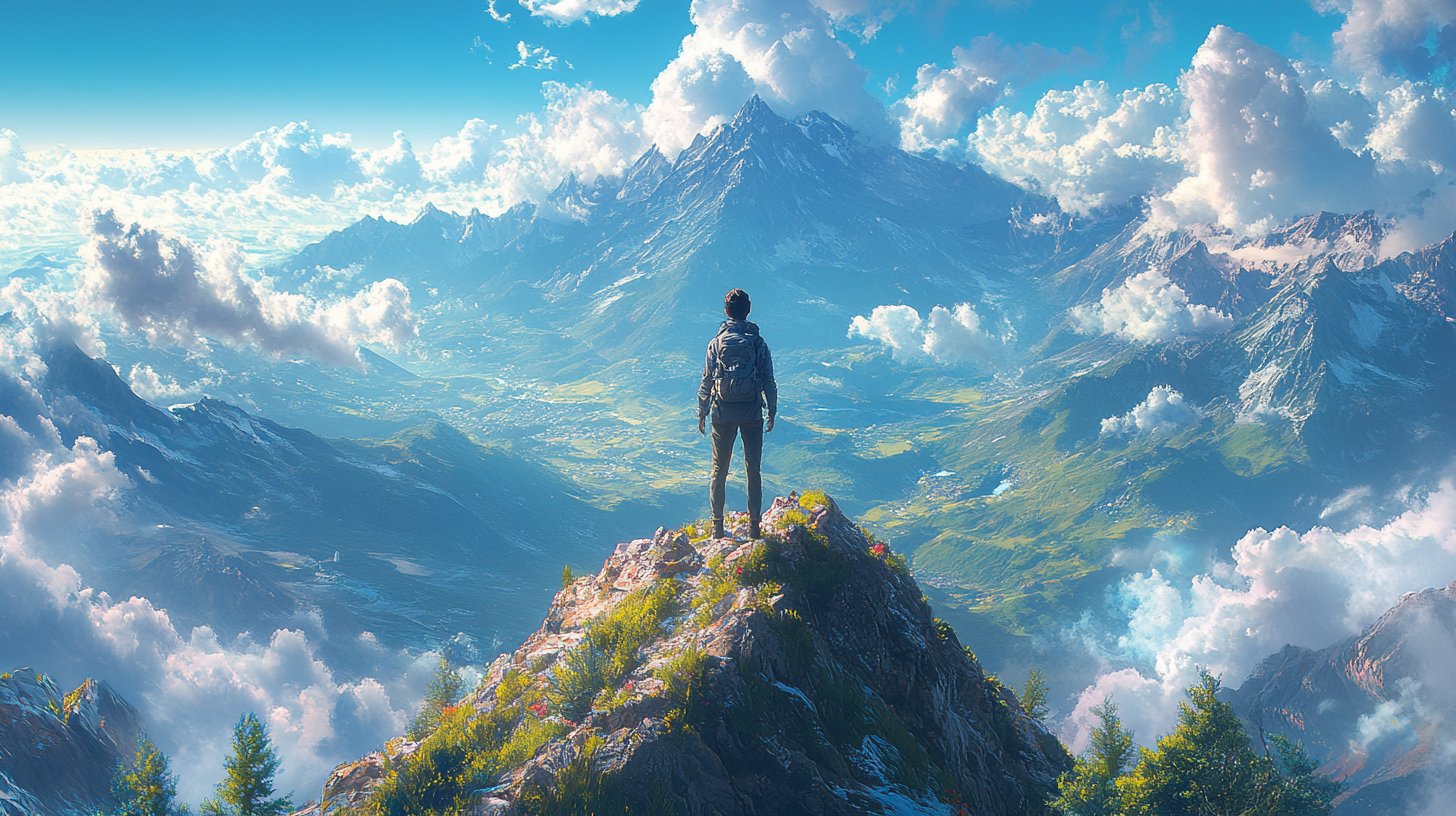 Standing confidently on the mountain peak.