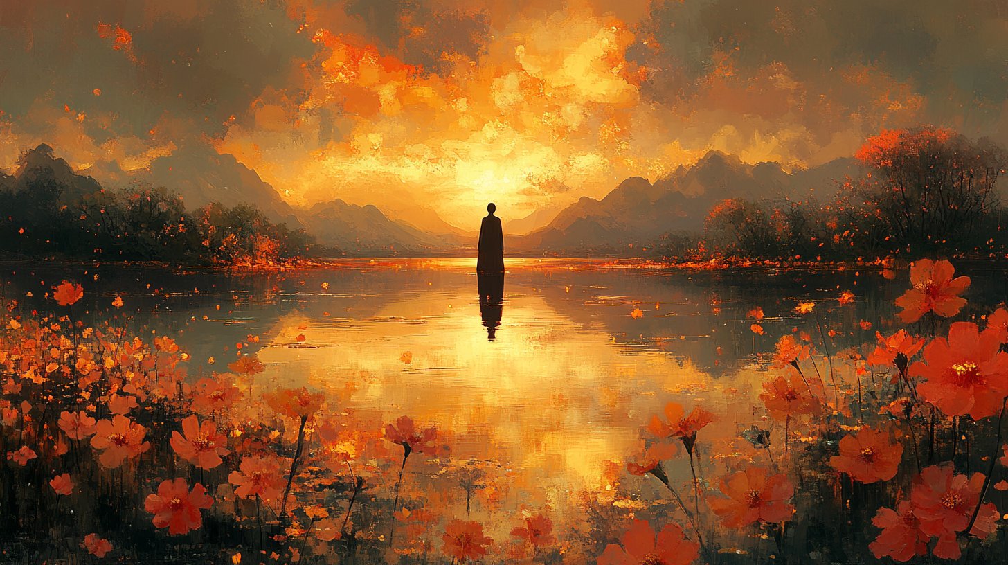 Self-acceptance by a calm lake, surrounded by blooming flowers.