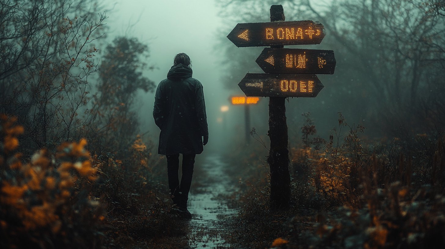 Eine Person an einer Weggabelung, die über ihre Entscheidungen nachdenkt.