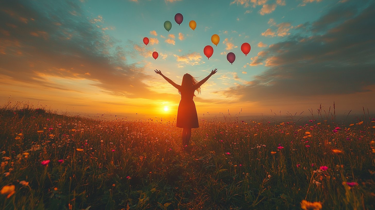 Eine Person entlässt bunte Ballons in den Himmel, um loszulassen.
