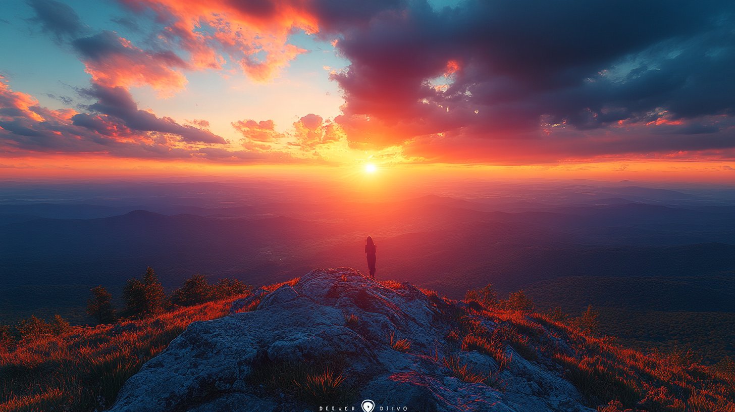 Una persona en un pico mira hacia el horizonte, simbolizando el autodescubrimiento.