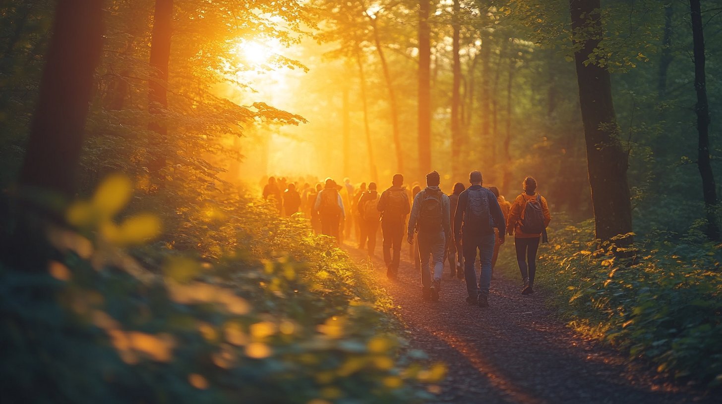 A person victoriously stands on a hill surrounded by vibrant blossoms.