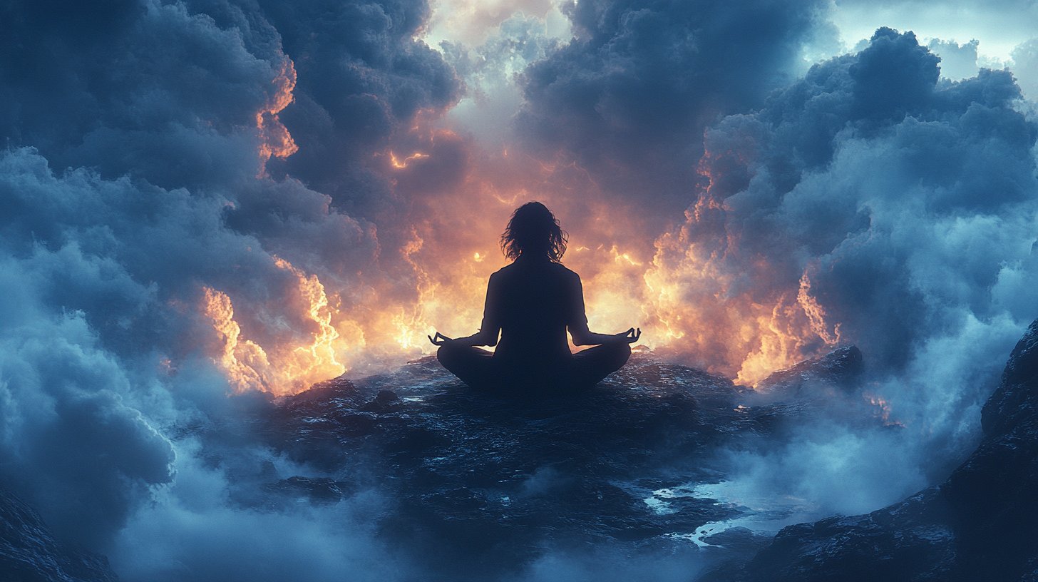A person meditates in a tranquil landscape, embodying clarity.