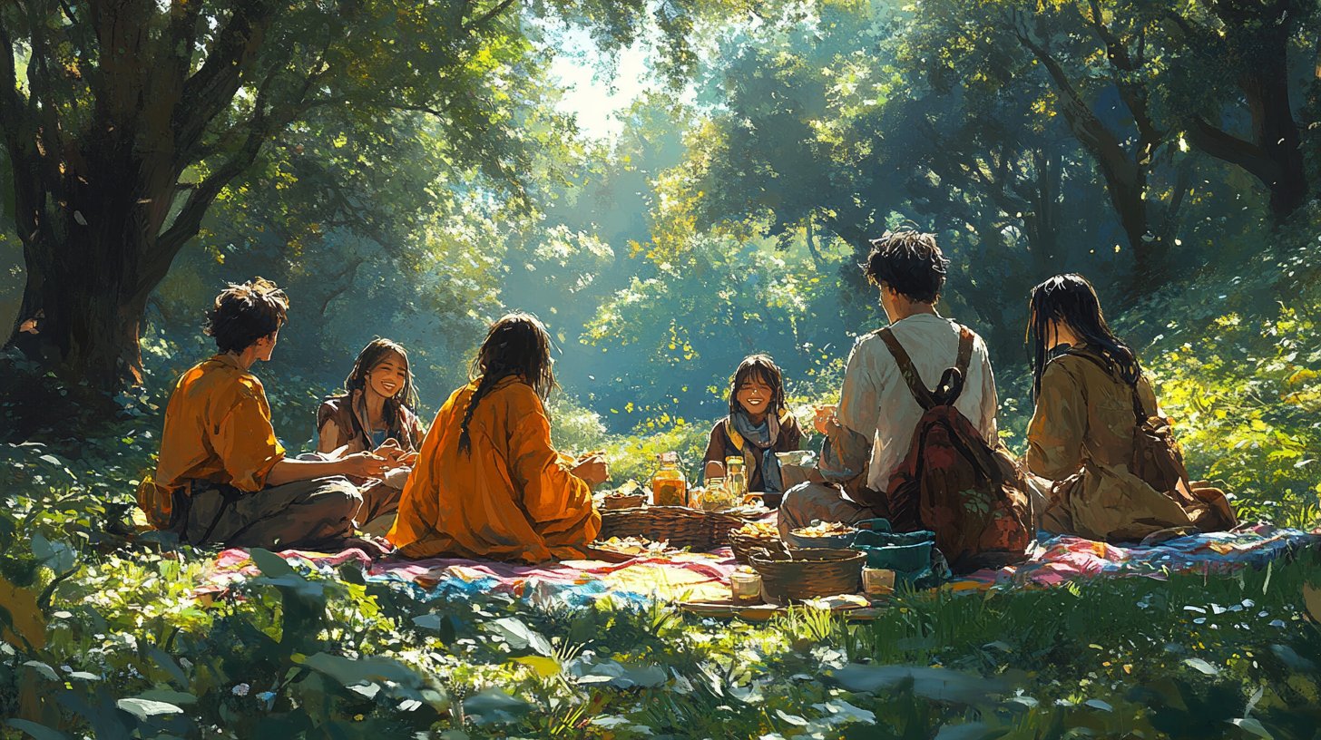 Amici godono di un allegro picnic nel parco.