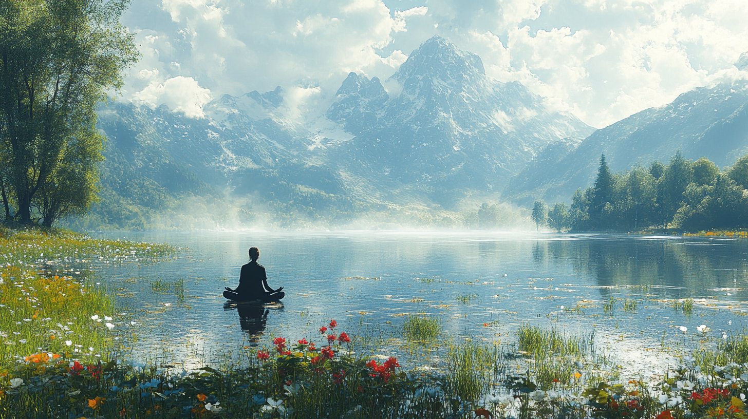Una persona medita pacificamente vicino al lago nella natura.