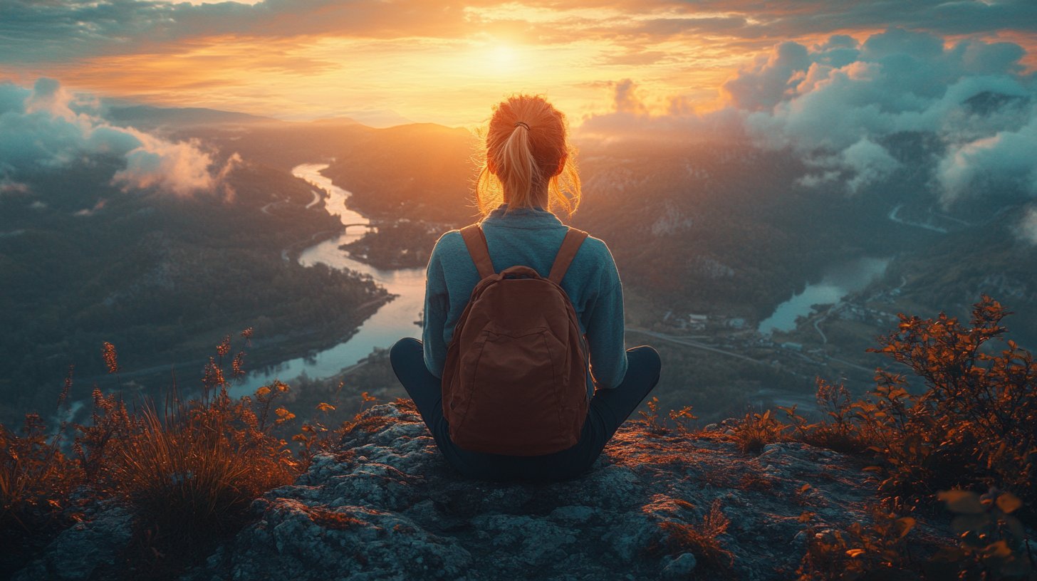 Une personne réfléchie regarde vers l'horizon, entourée par la nature, incarnant continuité et but.