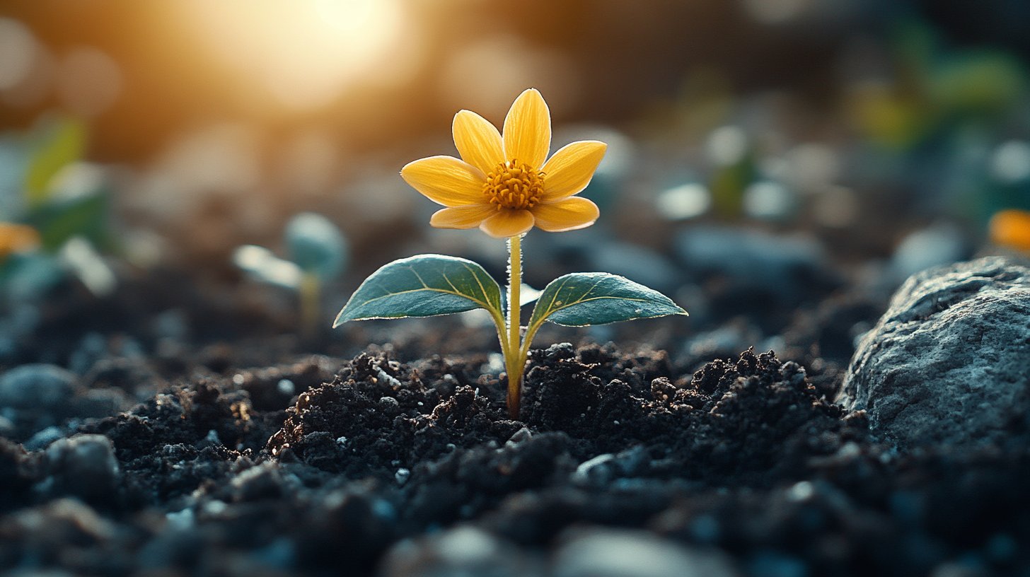 Un petit semis perce le sol dans un jardin, représentant la croissance à partir de débuts modestes.