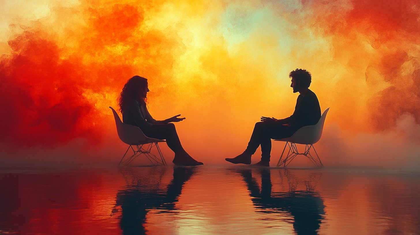 Una coppia impegnata in una profonda conversazione in un'atmosfera calda.