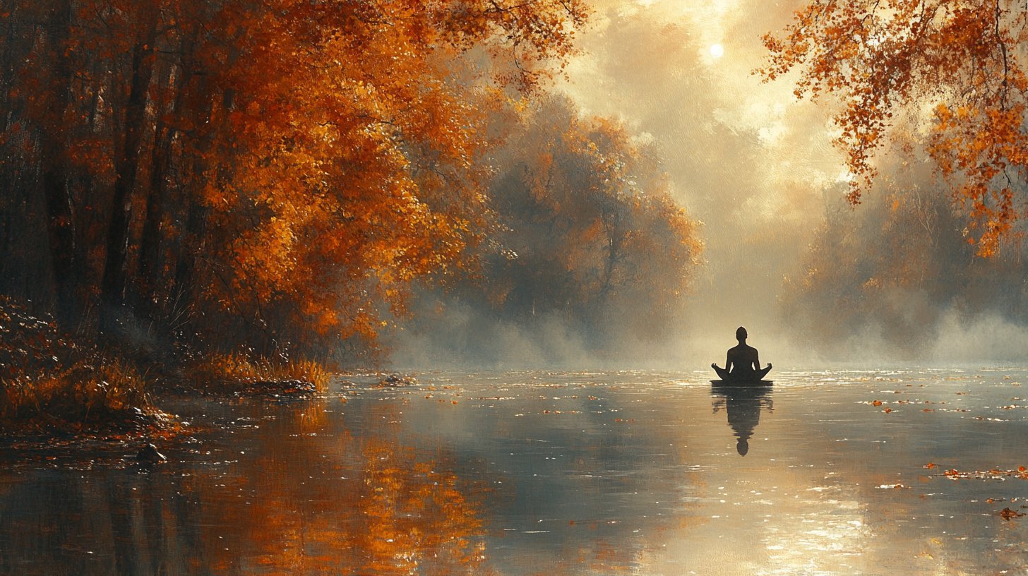 A serene figure meditating by the calm lake.