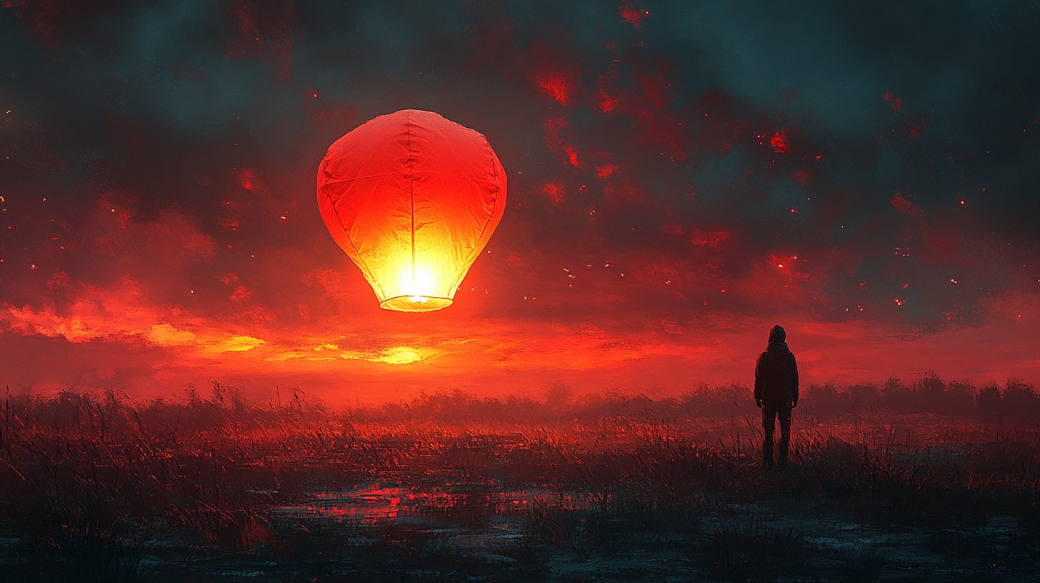 A person releases a lantern into the sunset sky.