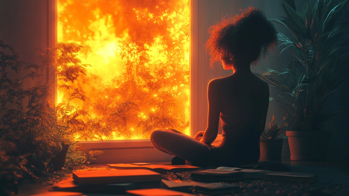 A person smiles contently in a cozy, plant-filled room.